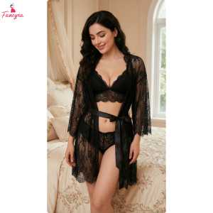 Fancyra Women Black Floral Lace Bridal Lingerie Set - Lace Bralette