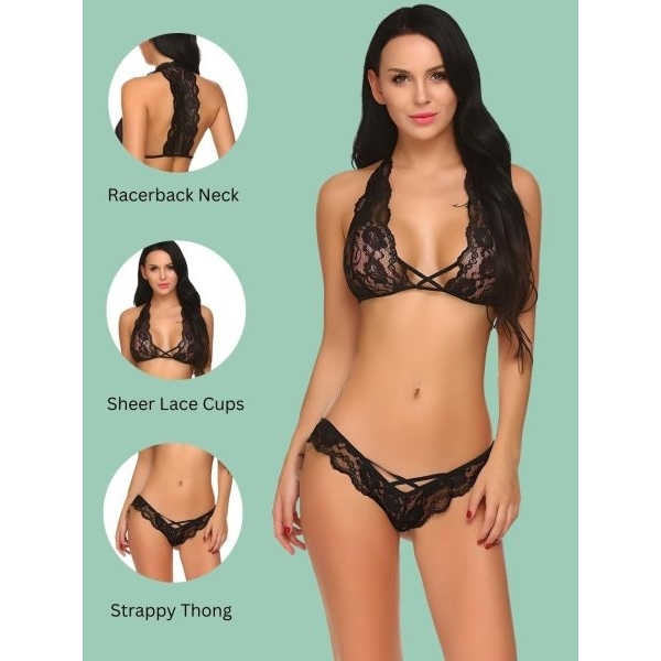 Fancyra Women Black Floral Lace Lingerie Bra Panty Set - Image 3