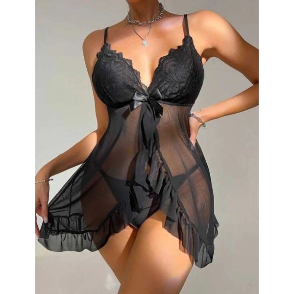 Fancyra Women Black Floral Lace See Through Open Front Hot Babydoll Lingerie - Image 4