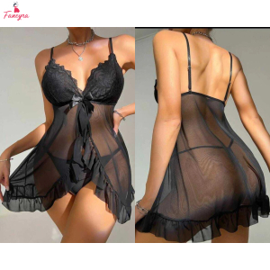 Fancyra Women Black Floral Lace See Through Open Front Hot Babydoll Lingerie