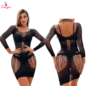 Fancyra Women Black Full Sleeves Hollow Out Bodystocking Lingerie
