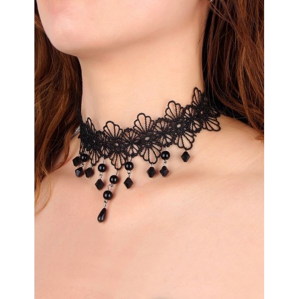 Fancyra Women Black Hollow Lace Floral Beads Pendant - Image 2