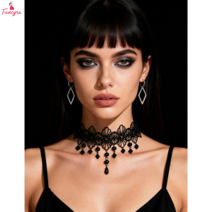 Fancyra Women Black Hollow Lace Floral Beads Pendant