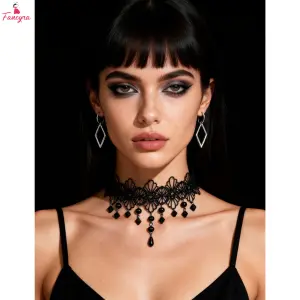 Fancyra Women Black Hollow Lace Floral Beads Pendant