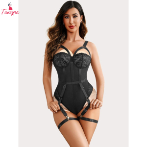 Fancyra Women Black Hot Mesh Bodysuit Teddy Lingerie with Adjustable Garter Straps