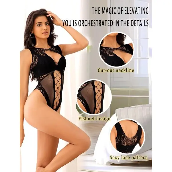 Fancyra Women Black Hot One Piece Teddy Bodysuit Lingerie Stocking - Image 4