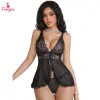 Fancyra Women Black Lace Babydoll Nightdress Lingerie Set Sheer Mesh Chemise with Deep V-Neck
