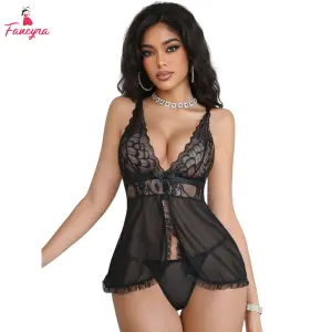Fancyra Women Black Lace Babydoll Nightdress Lingerie Set Sheer Mesh Chemise with Deep V-Neck