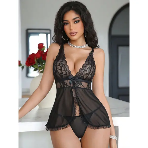 Fancyra Women Black Lace Babydoll Nightdress Lingerie Set Sheer Mesh Chemise with Deep V-Neck - Image 5
