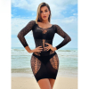 Fancyra Women Black Lace Beach Bodysuit Stocking with Long Sleeves Swimwear Cover-Up