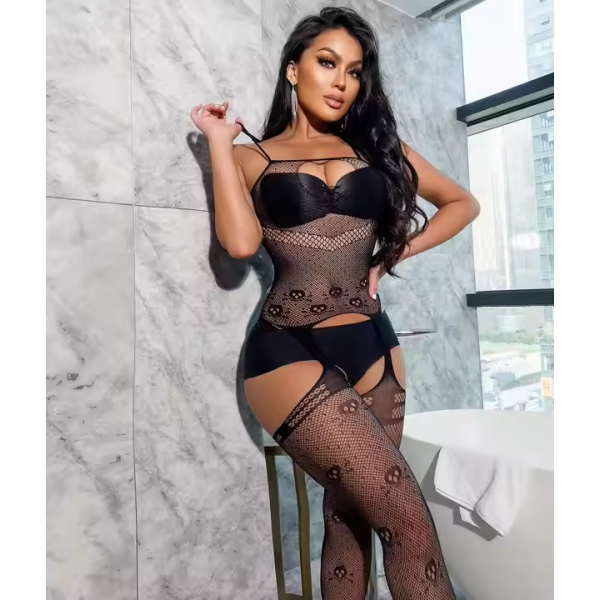 Fancyra Women Black Lace Pattern Babydoll Lingerie Set with Garter Belt - Image 2