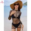 Fancyra Women Black Mesh Beach Cover-Up with Long Sleeves and Fishnet Design
