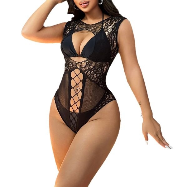 Fancyra Women Black Mesh Lingerie with Keyhole Cut-Out and High-Cut Design Stocking - Image 4