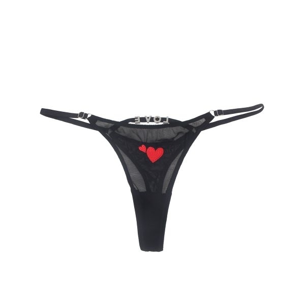 Fancyra Women Black Mesh Thong with Heart Embroidery Side Strap Underwear Panty - Image 4