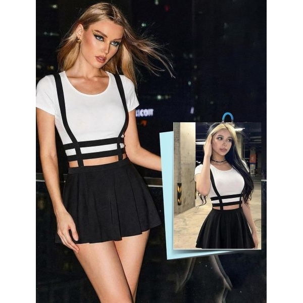 Fancyra Women Black Pleated Suspender Skirt - Elastic High Waist A-Line Mini Braces Skirt with Crop Top - Image 4