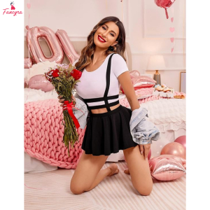 Fancyra Women Black Pleated Suspender Skirt - Elastic High Waist A-Line Mini Braces Skirt with Crop Top