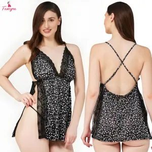 Fancyra Women Black Printed Hot Side Slit Babydoll Lingerie