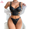 Fancyra Women Black PU Leather Lingerie Set Strappy Bra & Thong Adjustable Buckle Bra Panty Set