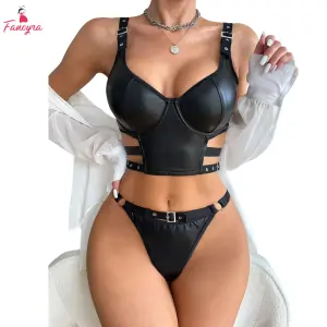 Fancyra Women Black PU Leather Lingerie Set Strappy Bra & Thong Adjustable Buckle Bra Panty Set