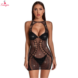 Fancyra Women Black Rhinestone Embellished Sensual Lingerie Bodystocking