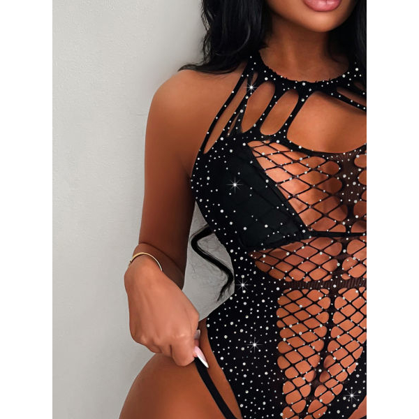 Fancyra Women Black Rhinestone Mesh Bodysuit Babydoll Lingerie - Image 3