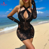 Fancyra Women Black Rhinestone Mesh Cover Up Dress with Long Sleeves Babydoll Lingerie