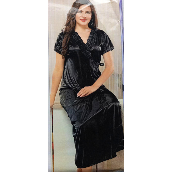 Fancyra Women Black Satin 3-Piece Nightwear Serenity Set - Long Outer Robe Nightgown & Pajama Set - Image 2