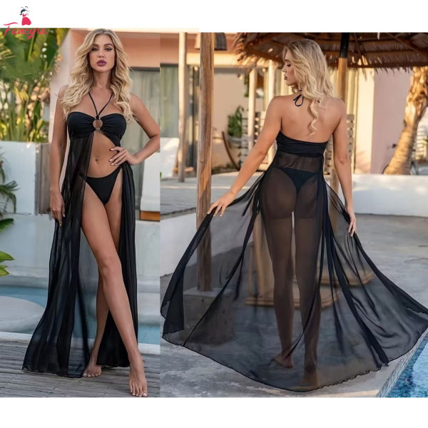 Fancyra Women Black Sheer Babydoll Dress with Halter Neck & Thigh-High Slit Lingerie - Image 2