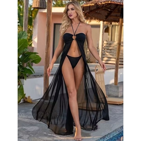 Fancyra Women Black Sheer Babydoll Dress with Halter Neck & Thigh-High Slit Lingerie - Image 4