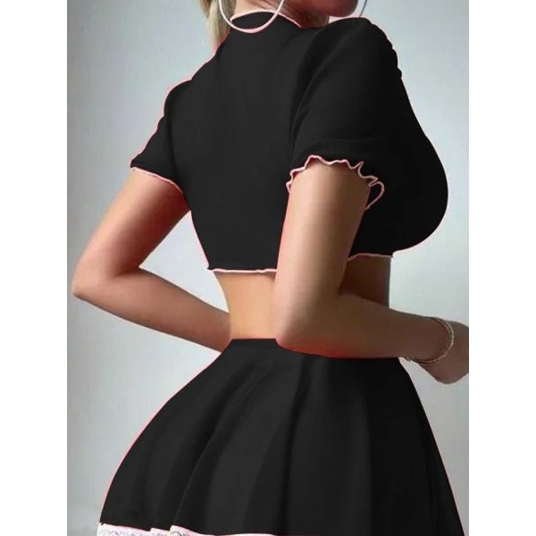 Fancyra Women Black Sheer Mesh Lingerie Set, Tie-Front Crop Top with Mini Skirt - Image 3