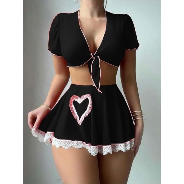 Fancyra Women Black Sheer Mesh Lingerie Set, Tie-Front Crop Top with Mini Skirt - Image 4