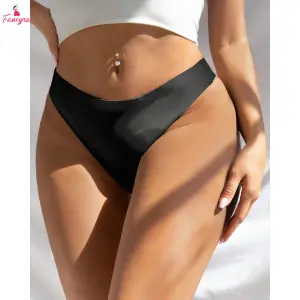 Fancyra Women Black Shiny Wet Look Thong Panty Seamless Glossy Underwear