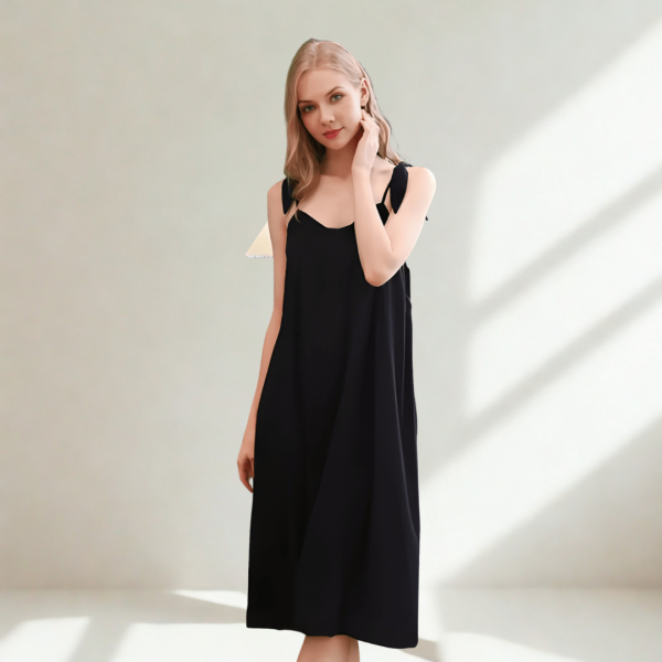 Fancyra Women Black Sleeveless Nightgown Plain Solid Nightwear Soft Nightdress - Image 2