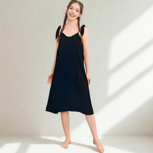Fancyra Women Black Sleeveless Nightgown Plain Solid Nightwear Soft Nightdress - Image 3