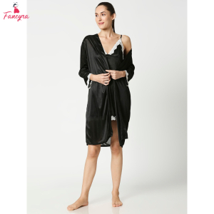 Fancyra Women Black Solid 2 Pc Set Elegant Inner Nighty with Outer Robe
