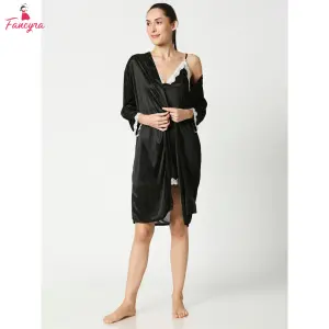 Fancyra Women Black Solid 2 Pc Set Elegant Inner Nighty with Outer Robe