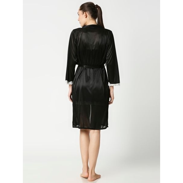 Fancyra Women Black Solid 2 Pc Set Elegant Inner Nighty with Outer Robe - Image 5