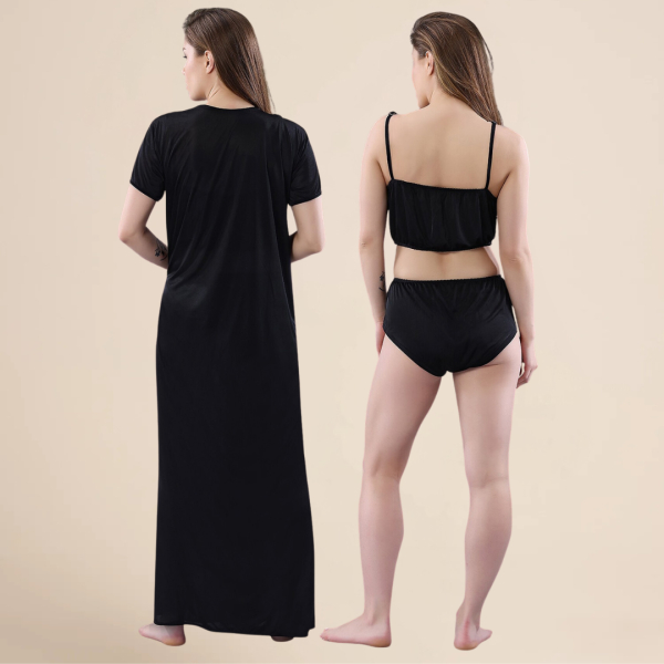 Fancyra Women Black Solid Satin 3 Piece Nightwear Set, Nighty with Bra Panty Set - Image 3