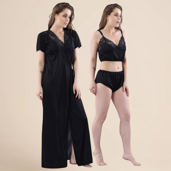 Fancyra Women Black Solid Satin 3 Piece Nightwear Set, Nighty with Bra Panty Set - Image 4