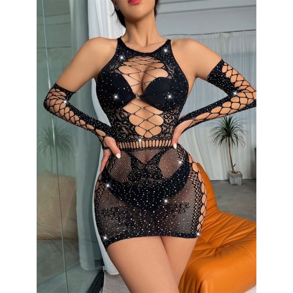 Fancyra Women Black Sparkling Rhinestone Fishnet Mini Lingerie Dress BodyStocking - Image 2