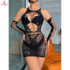 Fancyra Women Black Sparkling Rhinestone Fishnet Mini Lingerie Dress BodyStocking