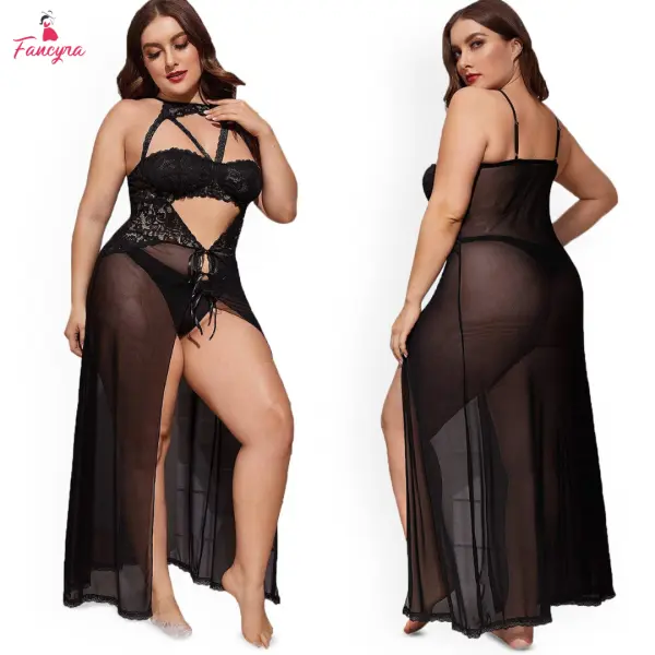 Fancyra Women Black Split Long Transparent Mesh Babydoll Nightwear Lingerie - Image 2