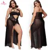Fancyra Women Black Split Long Transparent Mesh Babydoll Nightwear Lingerie