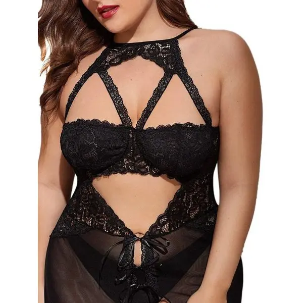 Fancyra Women Black Split Long Transparent Mesh Babydoll Nightwear Lingerie - Image 3