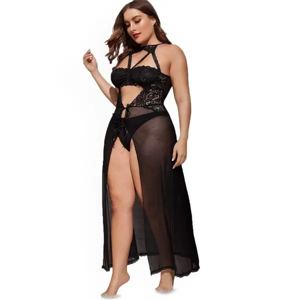 Fancyra Women Black Split Long Transparent Mesh Babydoll Nightwear Lingerie - Image 4