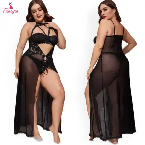 Fancyra Women Black Split Long Transparent Mesh Babydoll Nightwear Lingerie