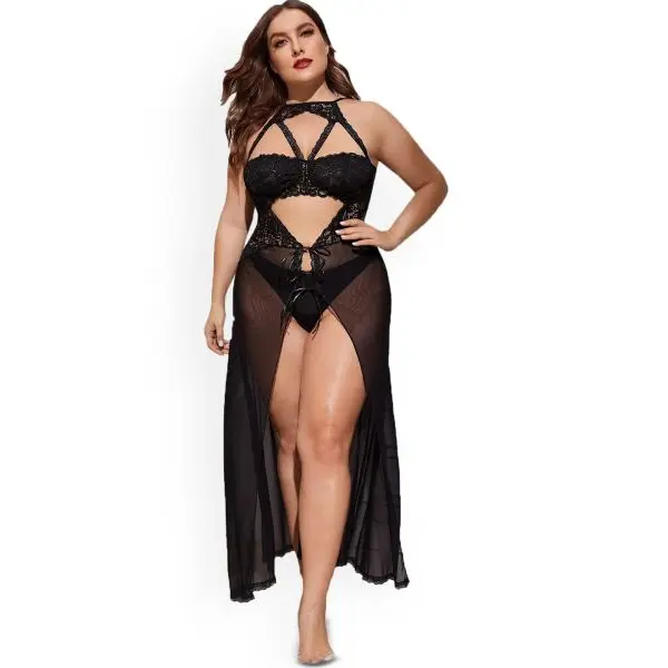 Fancyra Women Black Split Long Transparent Mesh Babydoll Nightwear Lingerie - Image 5
