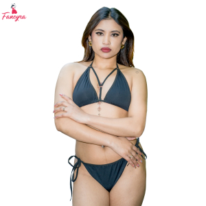 Fancyra Women Black Strappy Bikini Bra Panty Set Two Piece Swimsuit for Summer Beachwear