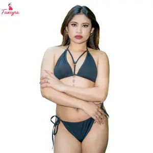 Fancyra Women Black Strappy Bikini Bra Panty Set Two Piece Swimsuit for Summer Beachwear