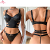 Fancyra Women Black Strappy Bra & Thong Adjustable Buckle Bra Panty Lingerie Set
